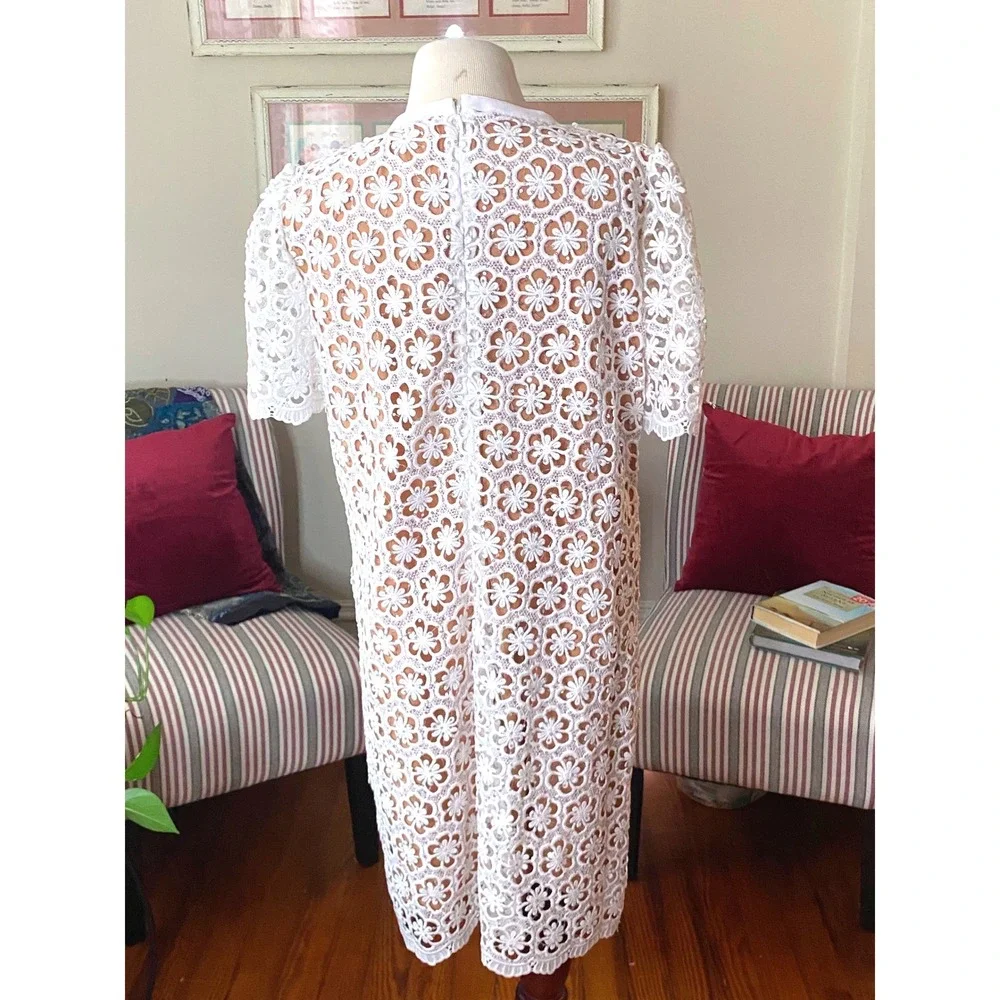 NWT MICHAEL KORS white Floral Lace Sequin Tuxedo Bib Midi Dress Short Sleeve L‎